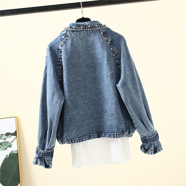 

women's harajuku denim fashion zipper rivets motorcycle jacket women street casual jackets loose plus size jeans coat h668, Black;brown