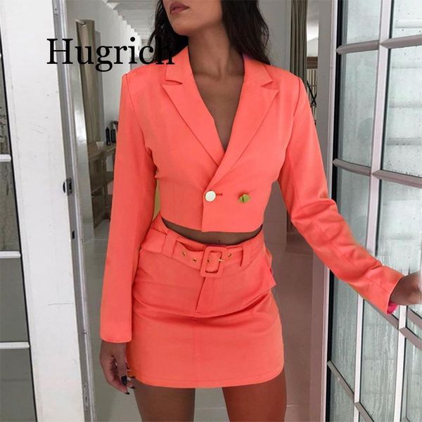 

two piece dress autumn long sleeve 2 outfits for women suits v-neck jacket and skirt with belt pockets office lady, White