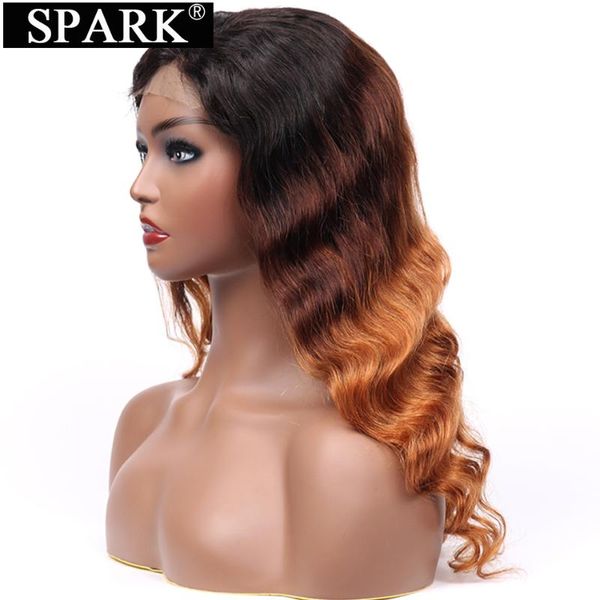 

spark 30 32inches lace front wig ombre peruvian loose deep wave 100% human hair 4x4 wigs pre plucked black women remy, Black;brown