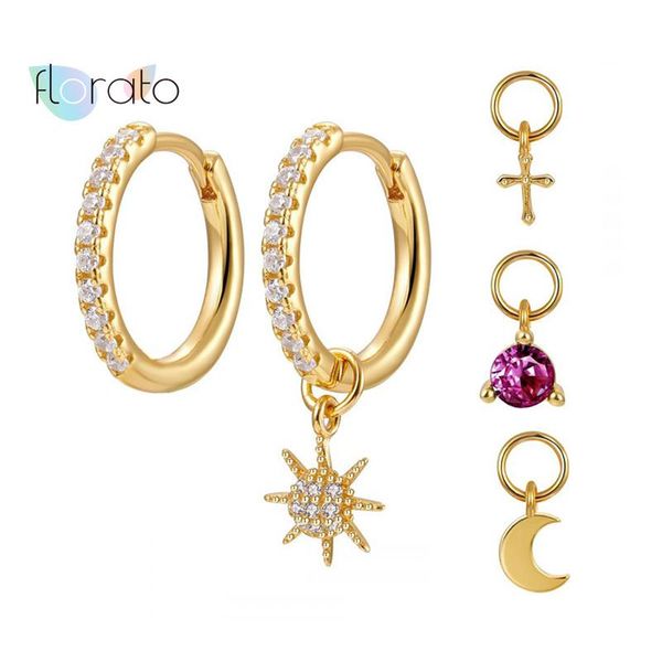 

hoop & huggie 4 pcs 925 sterling silver earrings sets for women charming cross/sun/moon cz crystal jewelry, Golden;silver