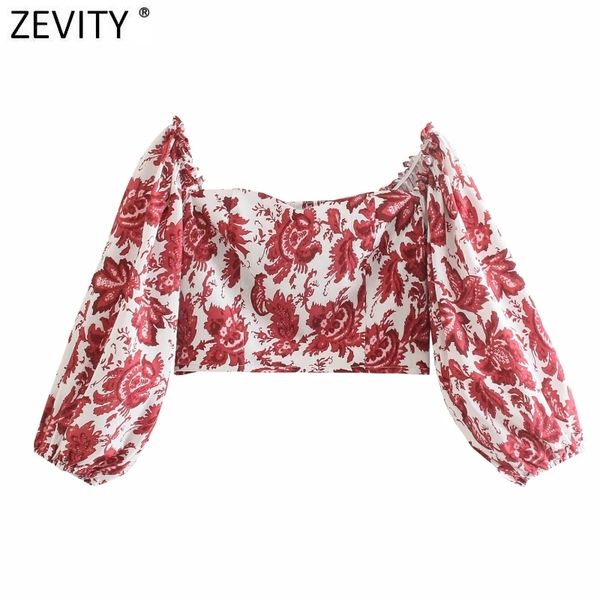 

zevity women sweet totem floral print short smock blouse lady off shoulder elastic ruffles femininas shirt chic crop ls9299 210419, White