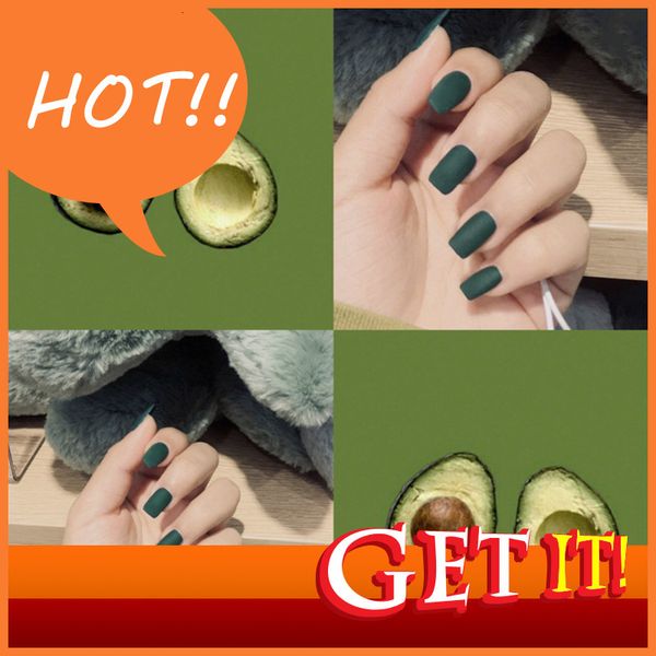 

stylist diy hand decorated nail nina 404 - dark green frosted square fake nail piece wear patch finished 24 patches, Red;gold