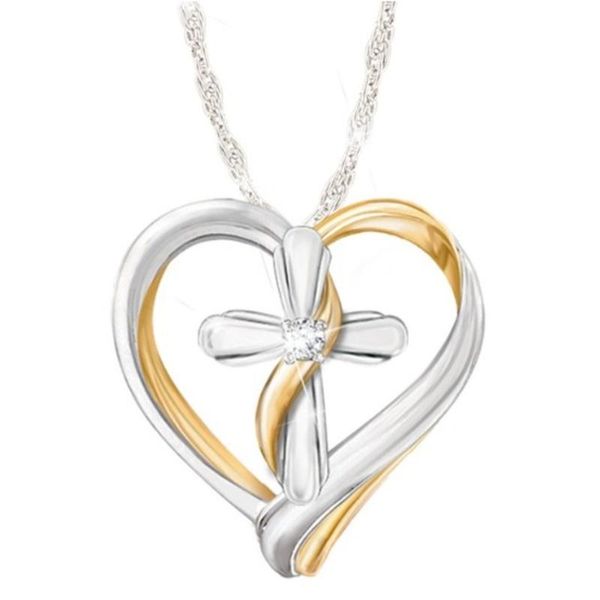 

chains fashion two-color heart-shaped cross zircon necklace female elegant temperament romantic wedding accessories gift wholesale, Silver