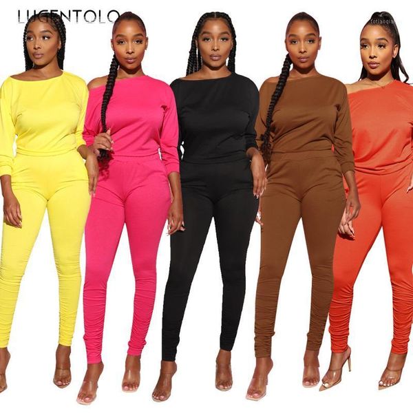 

women's tracksuits lugentolo women two piece set long sleeve solid casual colors short simple pencil pants sprorts female sets, Gray