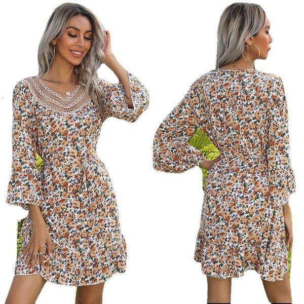 

women's 2021 spring horn print v-neck stitched lace s, Black;gray