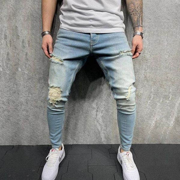 

men's jeans 2021 casual light color holed slim pants, Blue