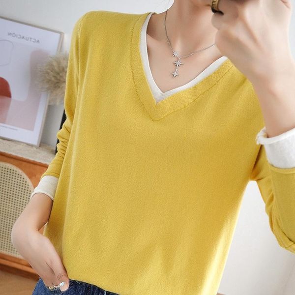 

women's sweaters 21 years fake two-piece pullover long-sleeved sweater v-neck loose slimming bottoming shirt short, White;black