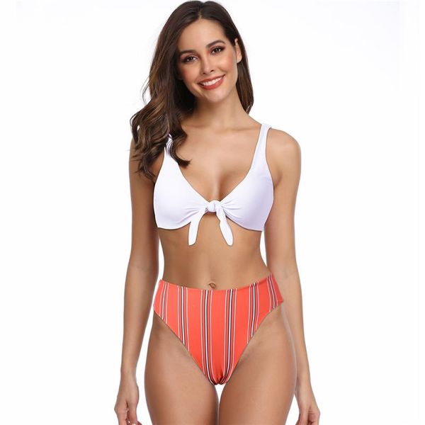 

women's swimwear high waist bikini swimsuit women striped bathing suits bow-knot two piece set beachwear 2021 swimming suit for female, White;black
