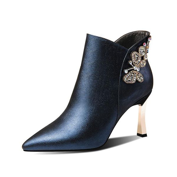

boots ankle for women high heel stiletto short autumn winter pointed butterfly rhinestone decoration women's shoes, Black