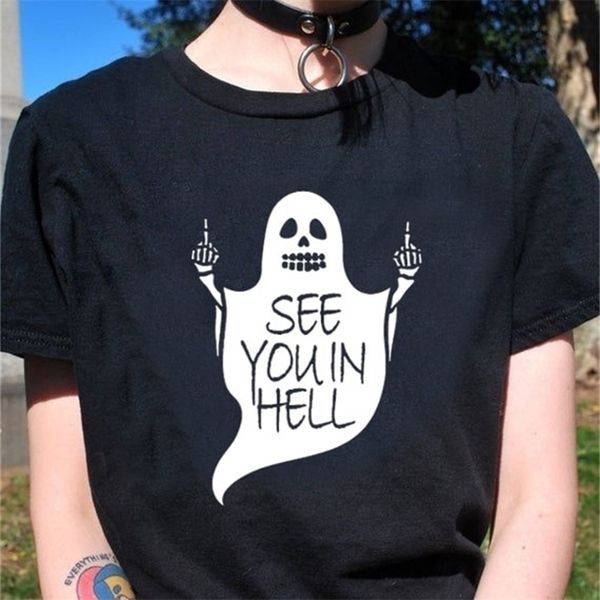 

see you in hell ghost t-shirt cotton aesthetic graphic casual funny women dark fashion hipster 210512, White