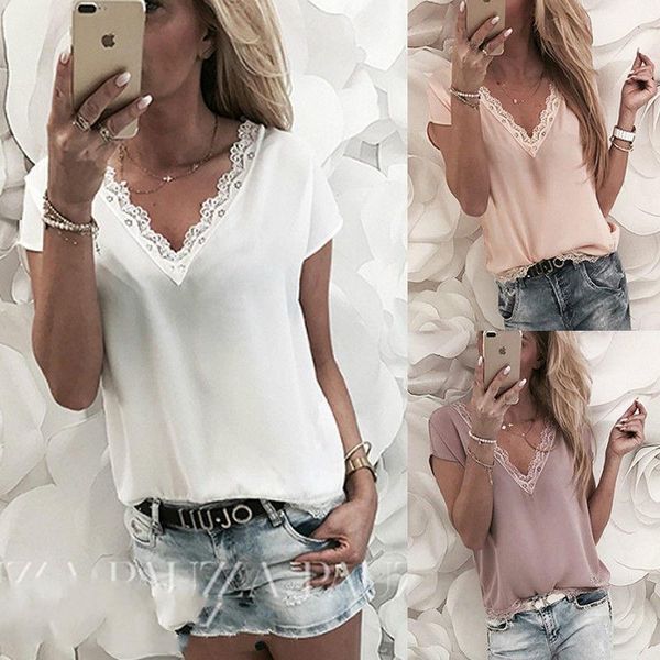 

newly summer fashion casual womens t shirts 3 style short sleeve v neck lace cap floral solid size s, White