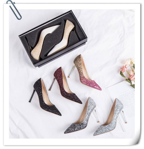 

spring 2021 bridesmaid high heeled shoes thin heel pointed crystal sequin wedding dress single versatile women's, Black