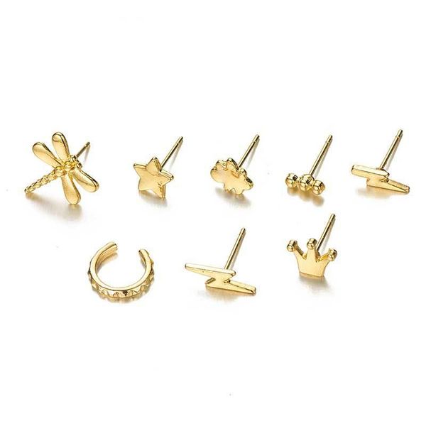 

pcs/set bohemian little stars flash earrings for women trendy gold color crown piercing ear studs cuff circle earring set stud, Golden;silver