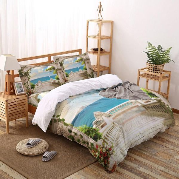 

bedding sets european courtyard landscape printed set  king size soft fashion duvet cover bed sheet fitted pillowcase
