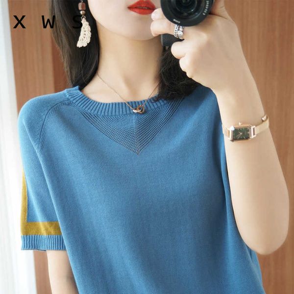 Summer Hollow Out Pullover Pullovers Frauen gestrickt dünne Damen Tops Kurzarm Casual Ladies Pull O-Neck Jumper Frau 210604