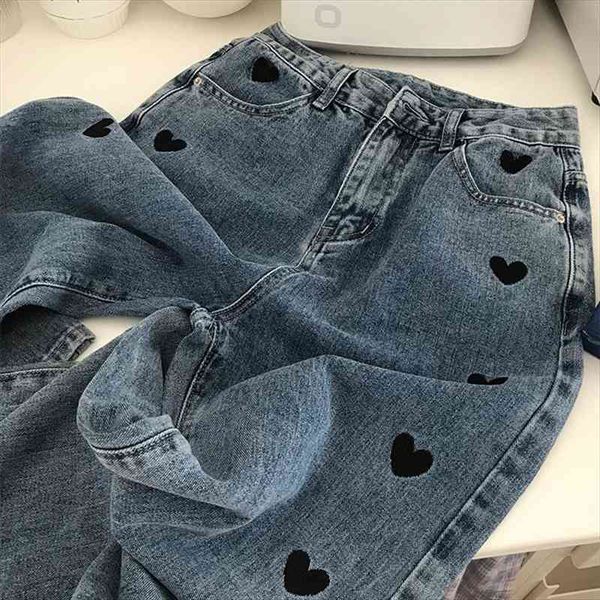 

harajuku fashion heart print women jeans denim trousers high waist y2k wash tide korean casual baggy wide leg long pants, Blue