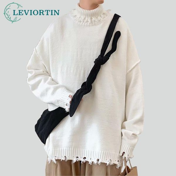 

men's sweaters men women ripped pullovers solid color knit loose casual pullover hip hop hole sweater, White;black