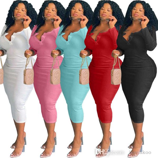 Designer-Kleid Herbst Damen Sexy V-Ausschnitt Rock Herbst Winter Plus Size Kleidung Langarm figurbetont weiße Kleider Party Streetwear Plus Size