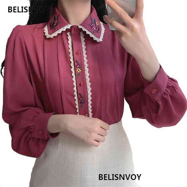 

moda mujer spring autumn women gorgeous blouse turn-down collar floral embroidery chiffon blusas vintage elegant bow lady shirt 210520, White