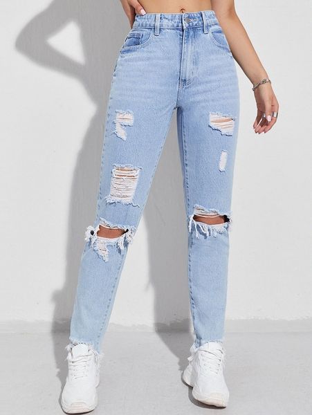

ripped raw hem mom jeans o1lx#, Blue