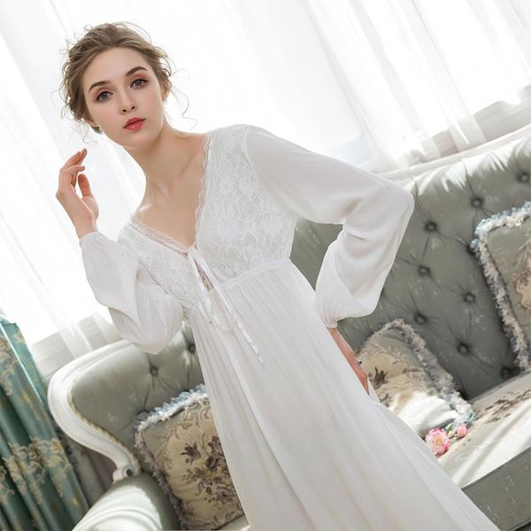 

autumn lace women sleepwear v neck night dress cotton comfortable nightgown long sleeve plus size loose black midi lingerie, Black;red