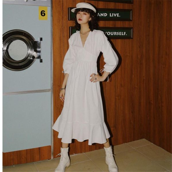 

casual dresses fashion women 2021 autumn deep v neck white dress elegant waisted retro slim chic a line midi fairy vestidos, Black;gray