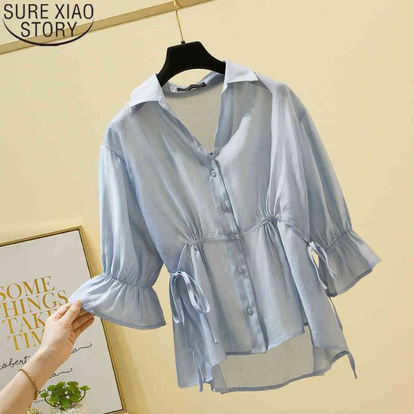 

women korean style chiffon half-sleeve plus size loose button lace up summer v-neck shirts ruffled solid clothes 9982 210417, White