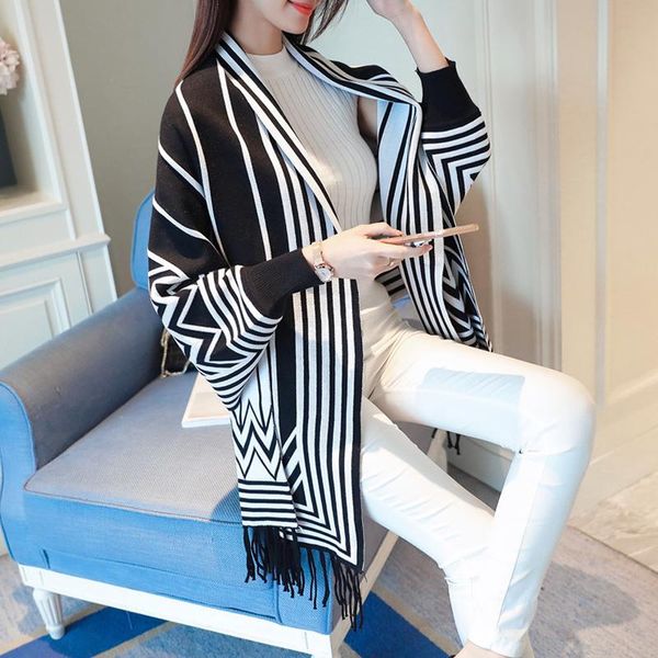 

scarves women scarf winter knit wrap shawl thick warm cotton cashmere wool poncho stripe women's oversized cape, Blue;gray