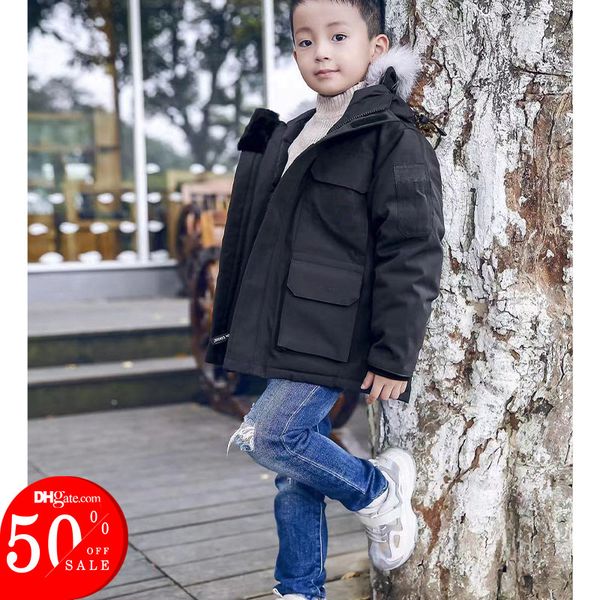 

dhl hiping kids canada real wolf fur collar duck down hooded jackets coats warm winter coat outwear jacket parkas, Black