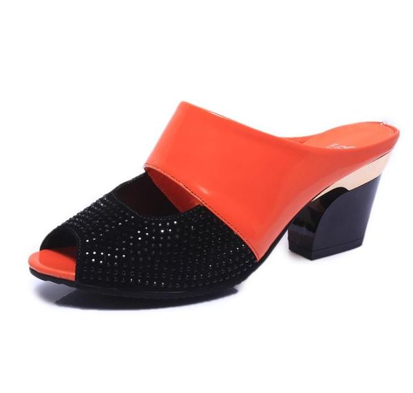 

dress shoes women sandals square heel 2021 summer woman fashion slides cut-out open toe slip on mothers female bling slippers, Black