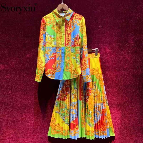 

svoryxiu fashion women's autumn winter runway skirt suit luxury golden totem print long sleeve blouse + pleated skirt twinset 210407, White