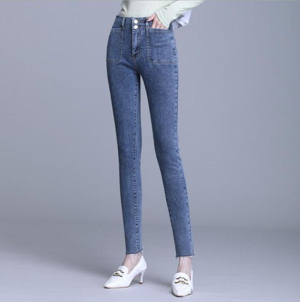

autumn spring high waist skinny pencil jeans women casual tassel button slim blue denim pants s260 women's