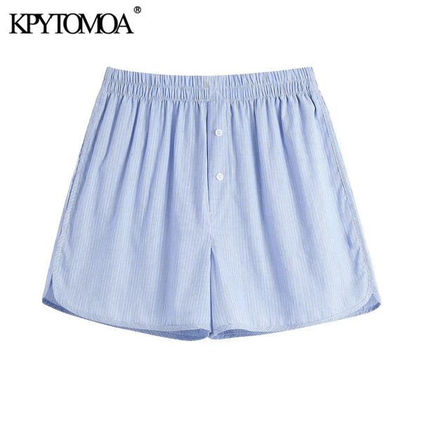 

women fashion side pockets striped bermuda shorts vintage high elastic waist split hem female short pants mujer 210416, White;black