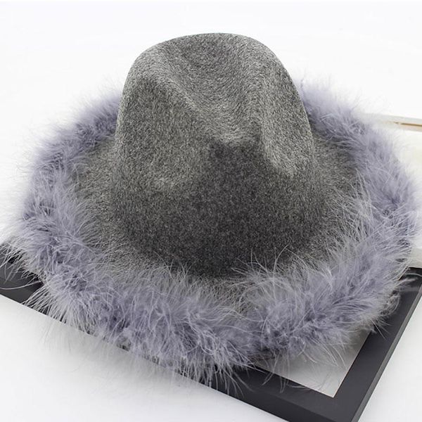 

wide brim hats feather belt fedoras hat for women man chapeu fedora jazz caps fashion luxury panama autumn winter, Blue;gray