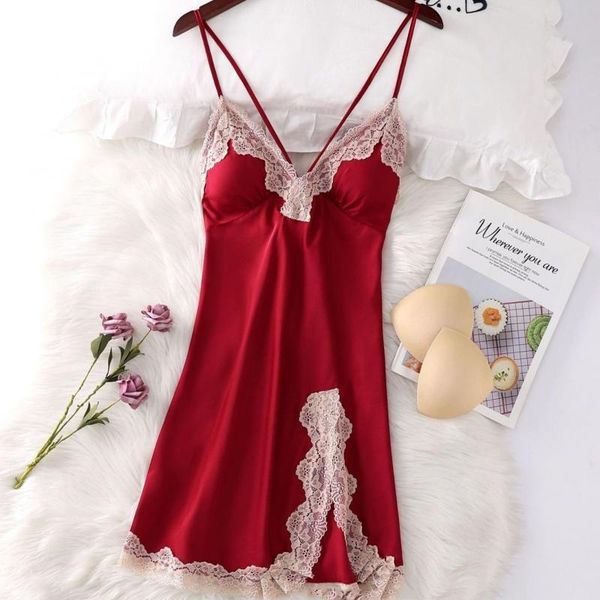 

women's sleepwear lace nightgown lady summer suspender cross strap backless sleep side split satin night home ing e76u, Black;red