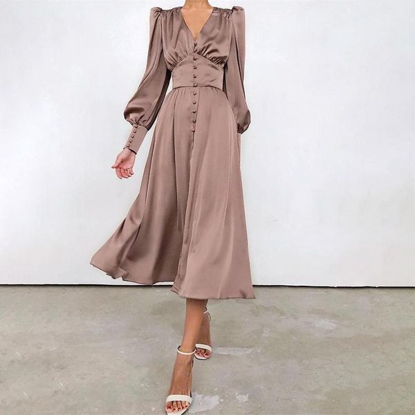 

casual dresses women elegant silk romantic party dress v-neck close waist button long lantern sleeve midi female fashion french vestidos, Black;gray