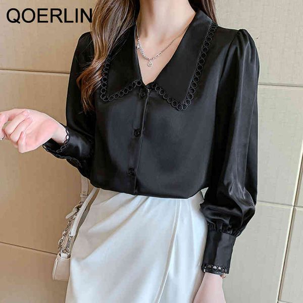 

qoerlin formal white shirt chiffon big lantern sleeve shirt hollow single-breasted full sleeve elegant office ladies blouse 210416