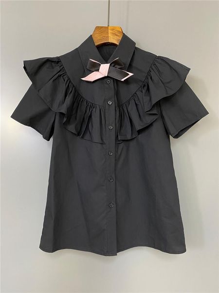 

women's blouses & shirts short-sleeve blouse detachable bow black ruffles single breasted ladies shirt and summer 2021, White