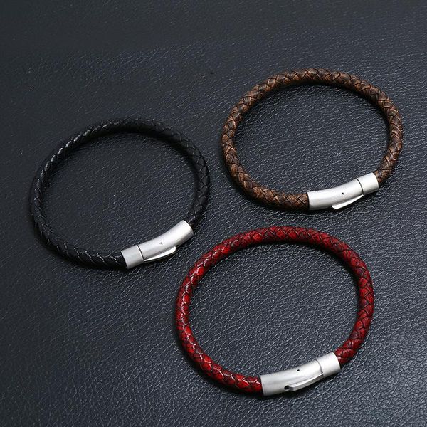 

classic 3 colors men leather bracelet simple silver color stainless steel button neutral accessories hand-woven jewelry gifts charm bracelet, Golden;silver