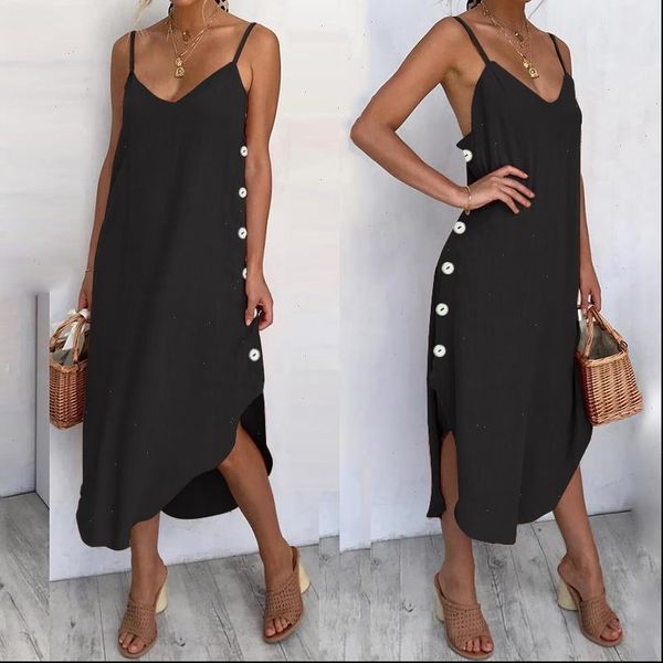 

womens women dress summer sundress spaghetti straps beach casual loose buttons asymmetrical plus size vestidos robe, Black;gray
