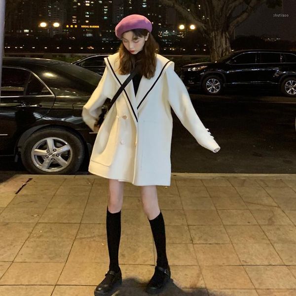 

women's wool & blends autumn college style navy collar temperament coat loose thin small long-sleeved woolen for women, Black