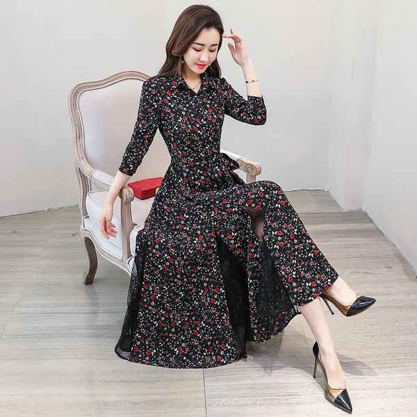 

casual dresses chiffon stitching lace dress lady elegant temperament long shirt collar sleeve women print, Black;gray