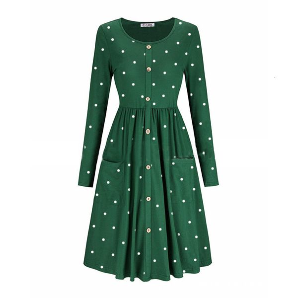 

feminine around the neck button print pocket long waist dress big wl65, Black;gray