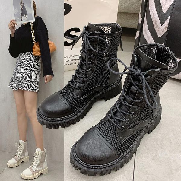 

breathable mesh summer ankle boots for women fashion black beige zip lace up casual shoes woman flat platform cool