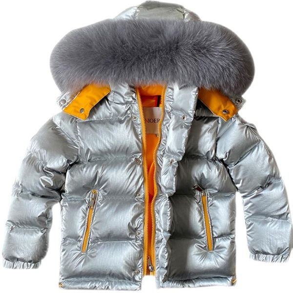 

down coat russia winter kids children's hooded real fur jacket waterproof shinny white duck fluffy clothing school teens clothes, Blue;gray