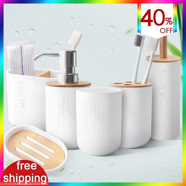 

bath accessory set modern bathroom soap dispenser toothbrush holder cup organizer bamboo wood accessories