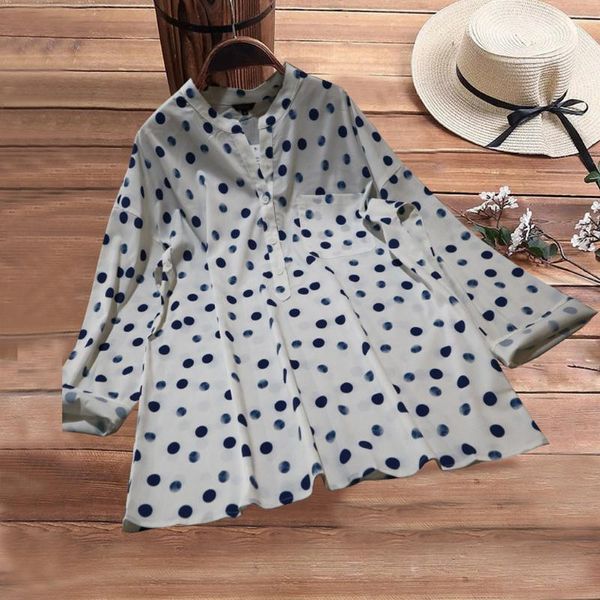 

autumn women vintage leisure casual blouse ladies full sleeve v-neck shirt polka dot print loose female women's blouses & shirts, White