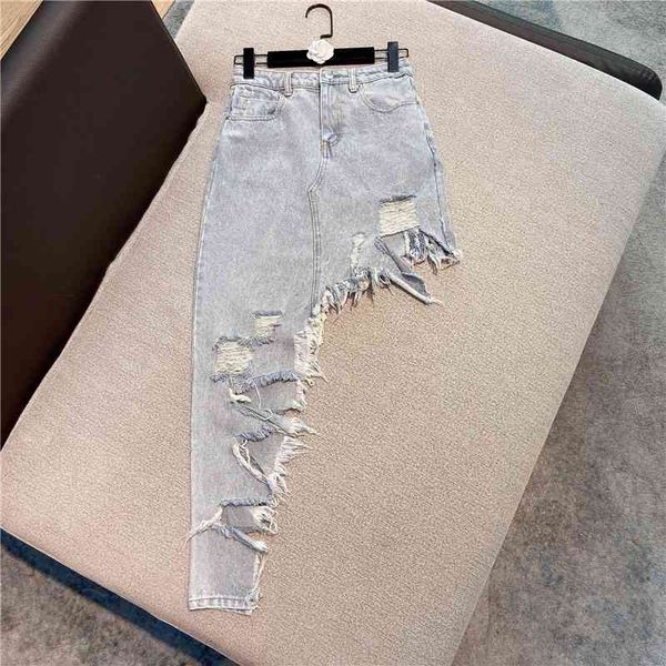 

women's denim skirt high waist irregular tassel ladies fashion spring summer hr336 210525, Black