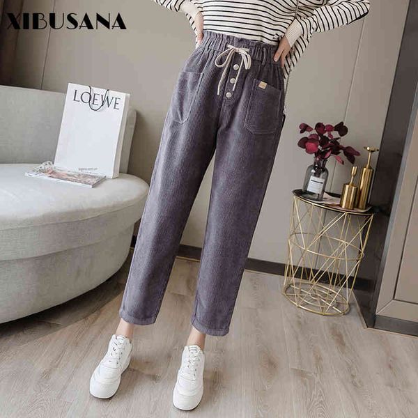 

winter cotton loose lace up corduroy harem pants lady vintage solid buttons pockets trousers women's plus size 3xl 210423, Black;white