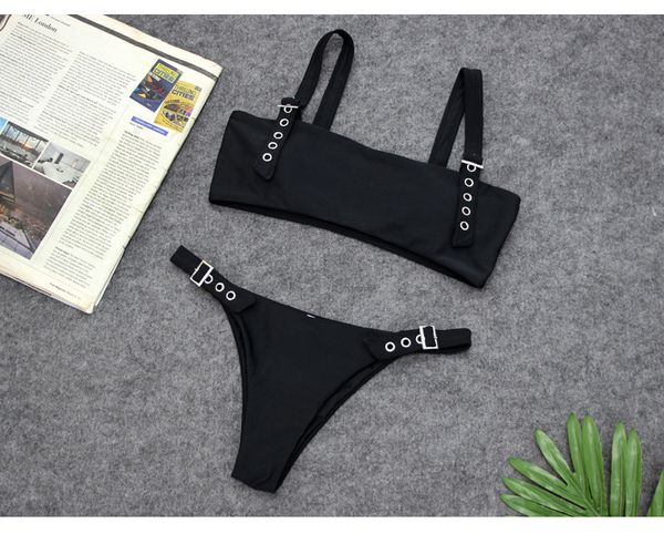 

buckle swimsuit metal women swimwear summer bikini solid color unpadded bra triangle simple bikinis women, White;black